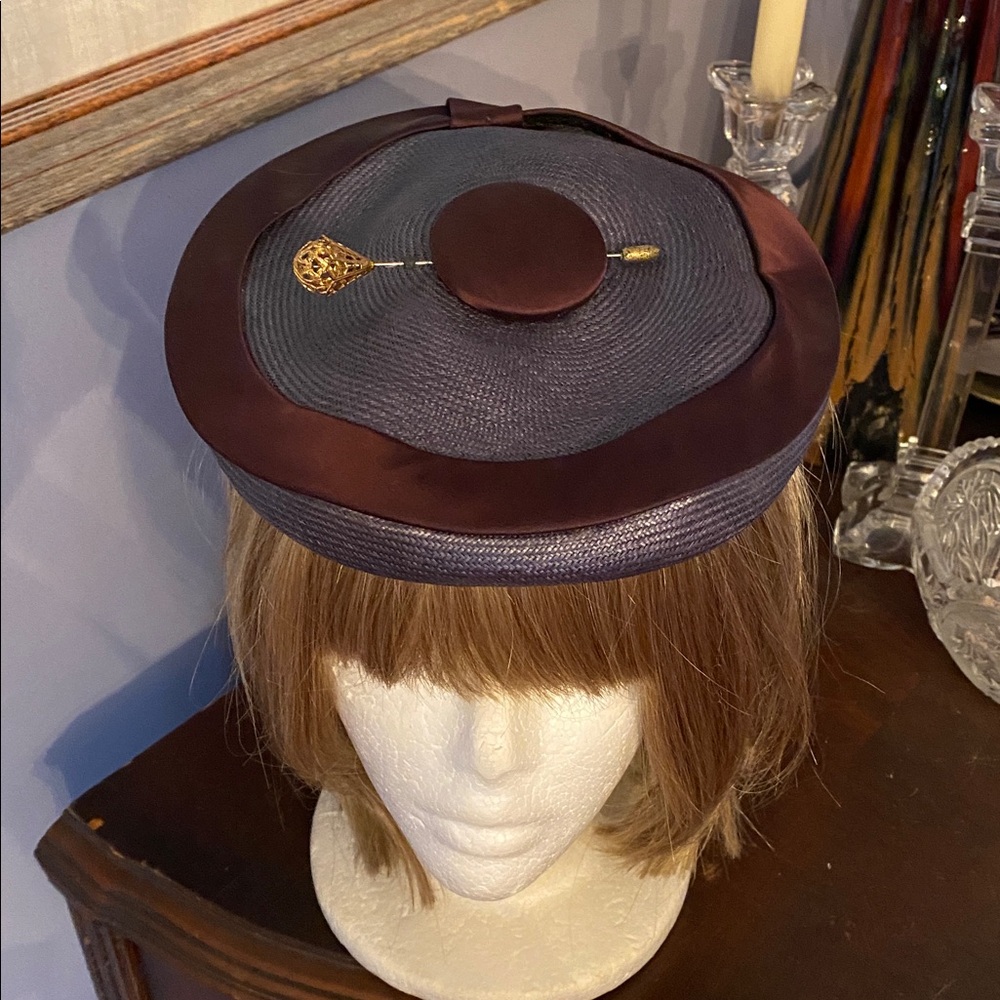 Blue color with brown accents Pillbox style vintage hat for collection